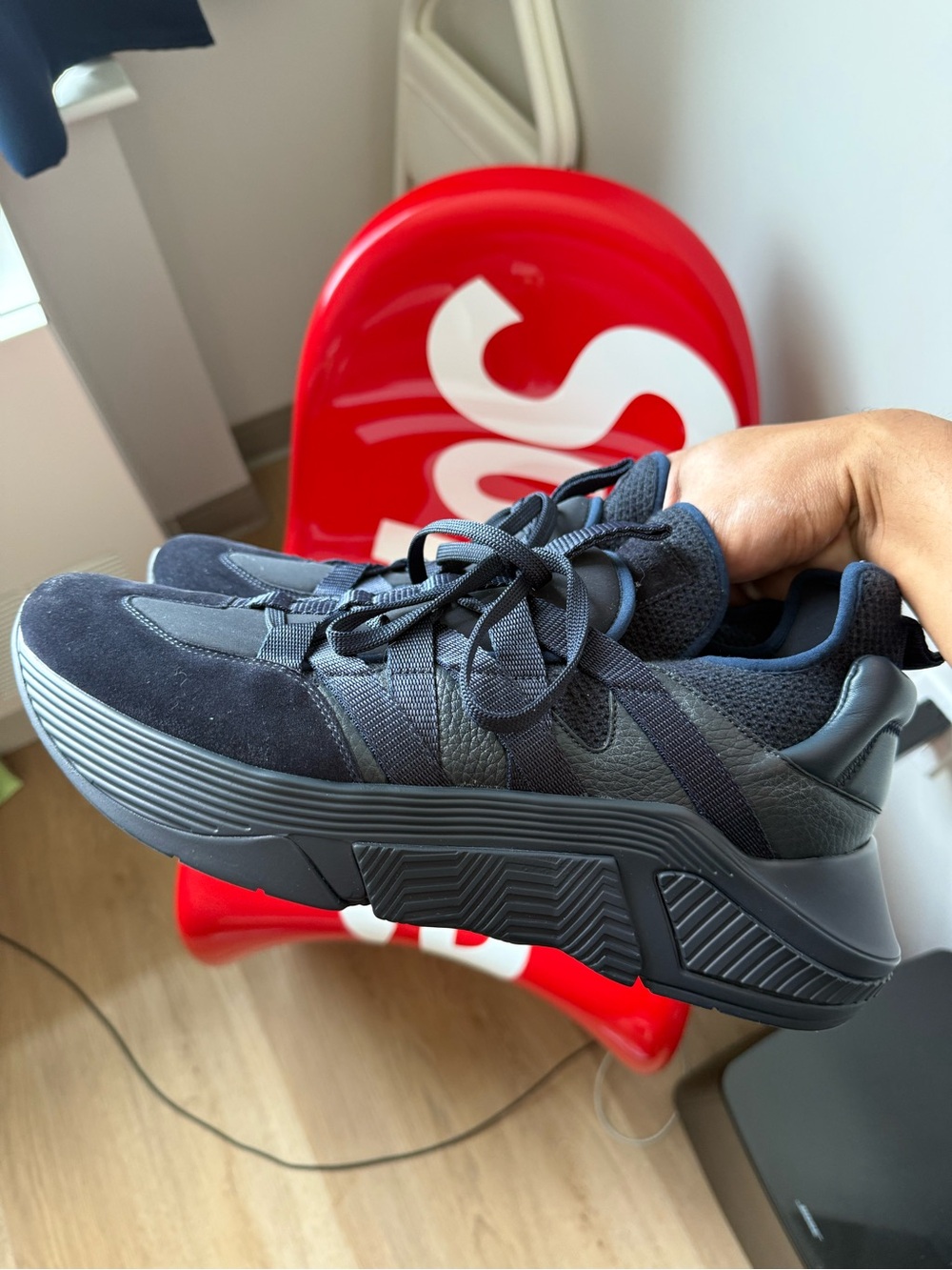 Giorgio Armani Navy leather and navy Suede Sneakers uk10 / us11